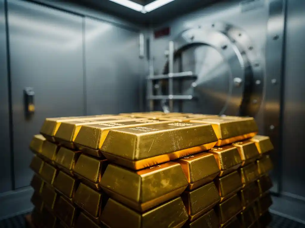 Goudstaven netjes gestapeld in rijen binnen moderne beveiligde kluis met stalen deuren op achtergrond