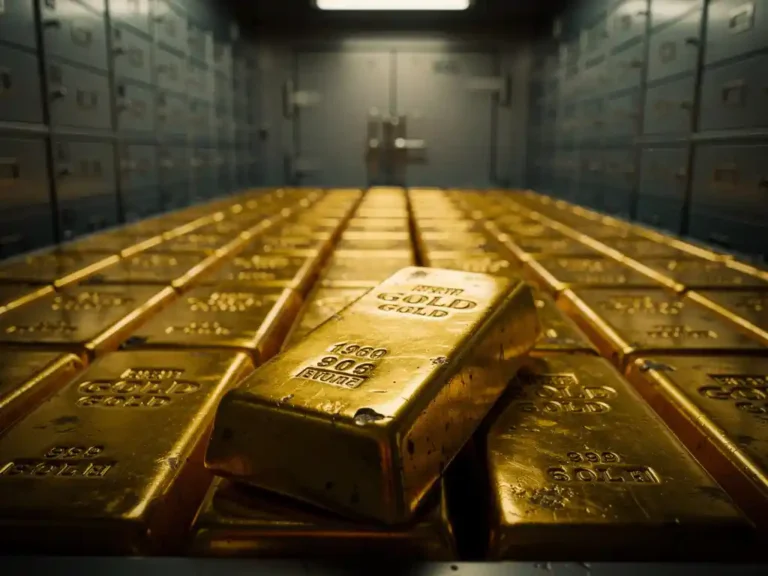 Goudstaven in rijen gerangschikt in open kluis met veiligheidskluizen op achtergrond, dramatische verlichting