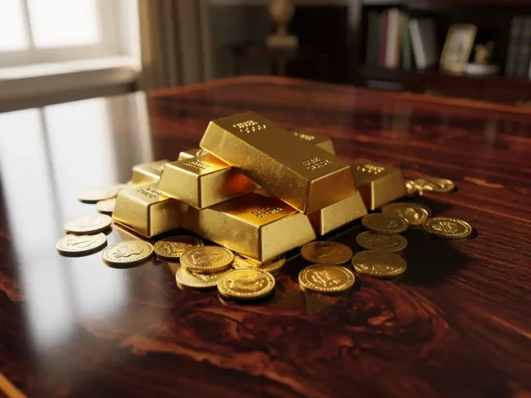 Goudstaven en munten op donkere houten tafel in elegante studeerkamer met natuurlijk licht