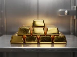 Gouden goudstaven gestapeld in piramide op gepolijste stalen kluistafel in bankkluis met warme verlichting