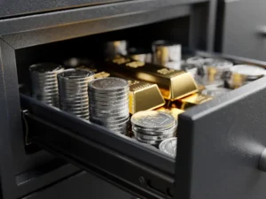 Goudstaven, zilveren munten en platina schijven netjes gestapeld in een geopende professionele kluisbox