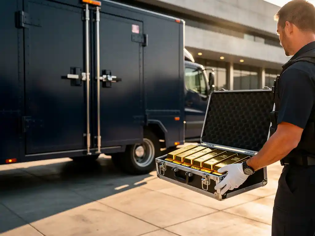 Gepantserd transportvoertuig met beveiligde deuren terwijl goudstaven in beschermende koffers worden geladen door professionele handlers