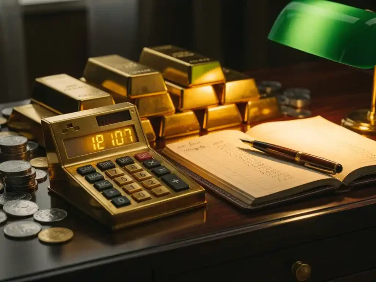 Gouden rekenmachine op donkere walnoten bureau omringd door goudstaven, zilveren munten en opengeslagen leren grootboek