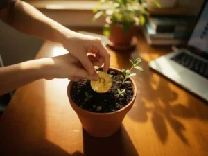 Handen plaatsen gouden munt in kleine plantenpot met donkere aarde op houten bureau in warm natuurlijk licht