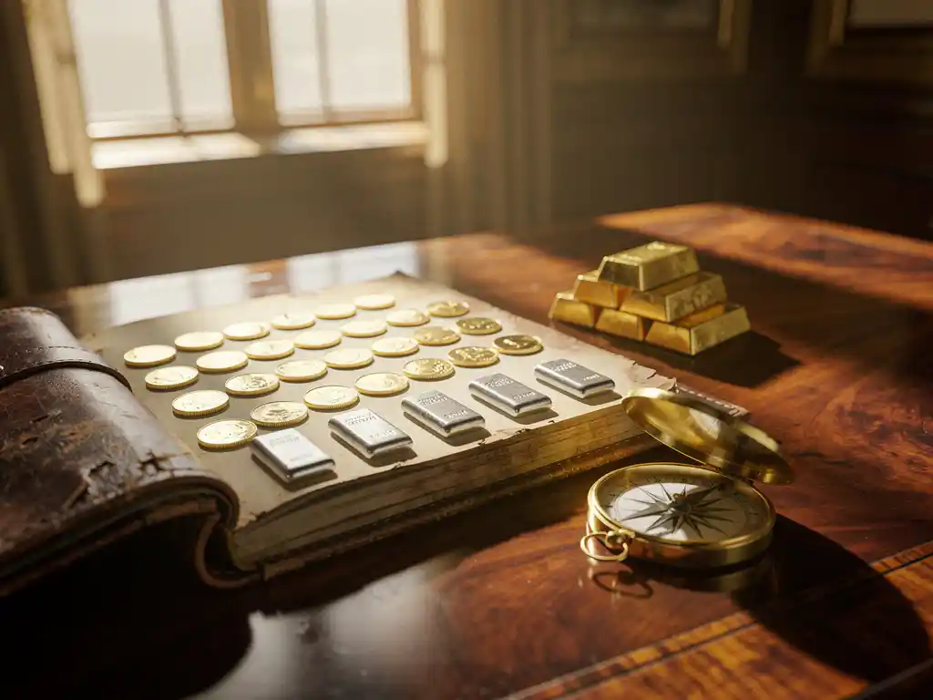 Verweerd leren investeringsdagboek met gouden munten en zilveren staven, vintage kompas wijzend naar goudstaven op mahoniehout bureau