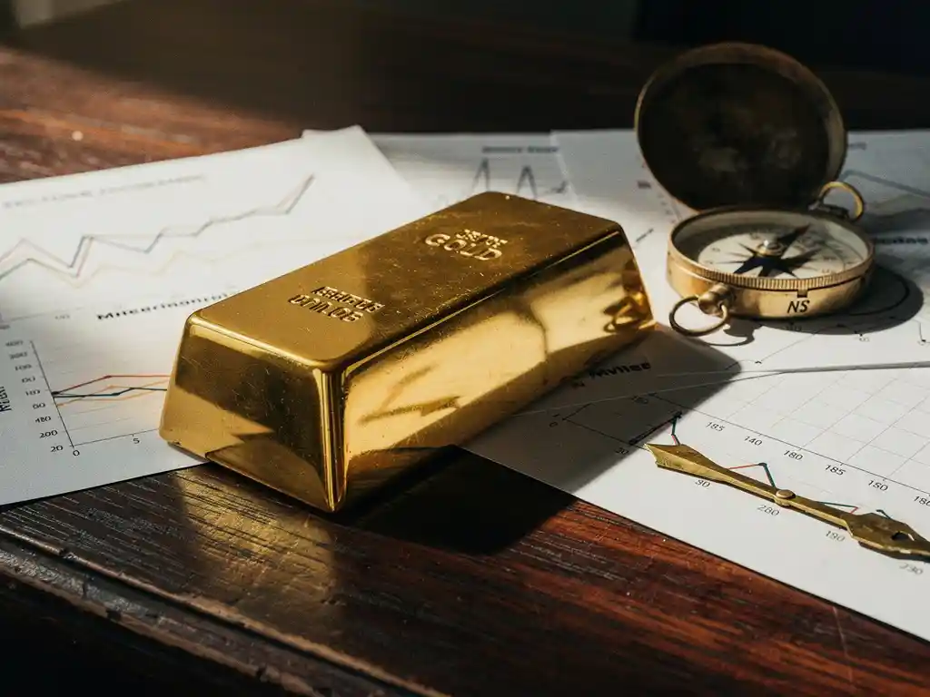 Gouden staaf op donkere houten bureau omringd door financiële grafieken en vintage kompas in warm licht