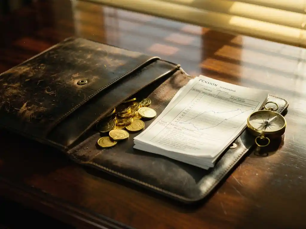 Leren portefeuille op mahoniehout bureau met gouden munten naast pensioendocumenten, vintage messing kompas wijzend naar edelmetalen