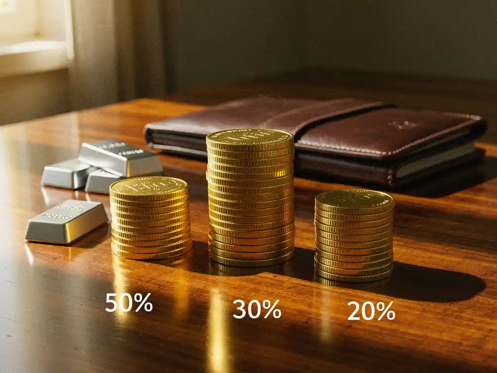 Houten bureau met drie stapels gouden munten in verhoudingen 50%, 30% en 20%, zilveren staven en leren portefeuille op achtergrond