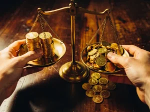 Handen wegen glimmende gouden munten op vintage messing weegschaal, munten vallen op donkere houten tafel