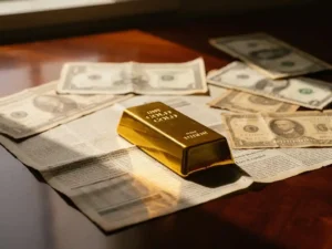 Gouden staaf op verouderde financiële kranten naast aandelencertificaten op mahonie bureau met warme belichting