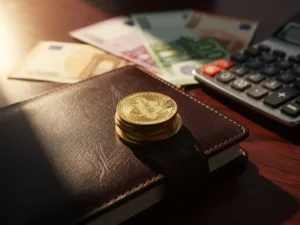 Gouden munt op leren investeringsdagboek met eurobiljetten en rekenmachine op mahonie bureau