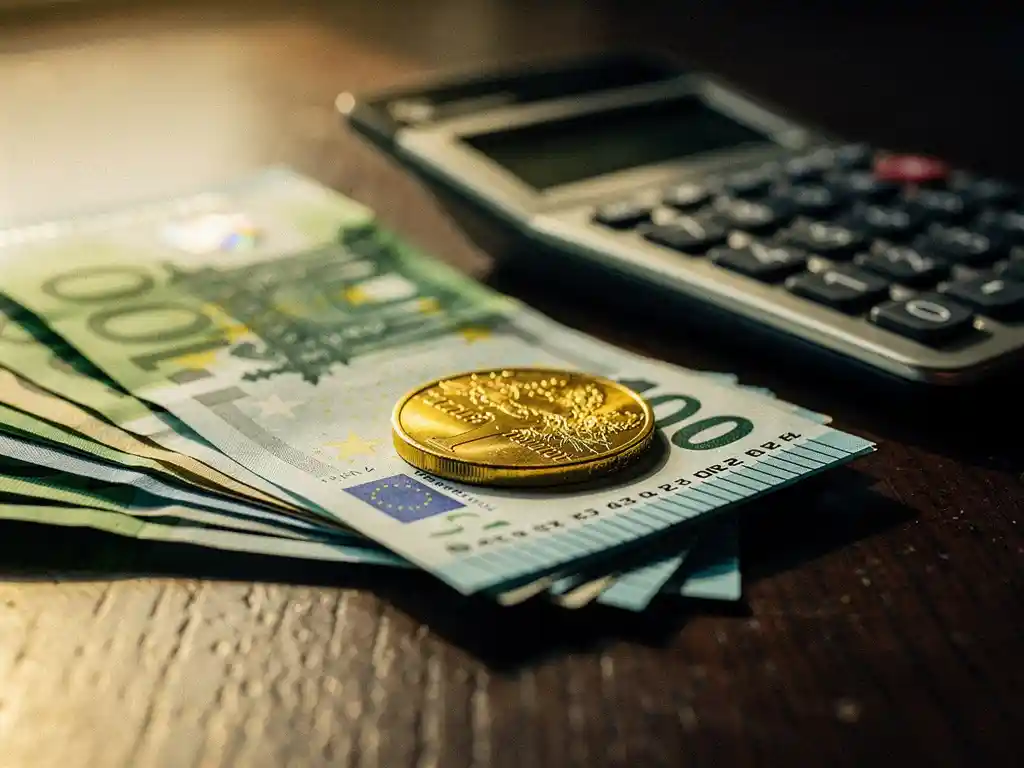 Gouden munt op stapel eurobiljetten naast calculator op donkere houten bureau