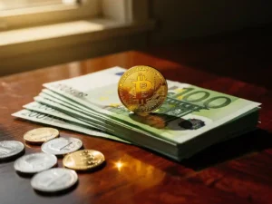 Gouden munt op stapel Nederlandse eurobiljetten met zilveren munten op mahonie bureau in warm zonlicht