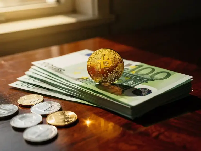 Gouden munt op stapel Nederlandse eurobiljetten met zilveren munten op mahonie bureau in warm zonlicht
