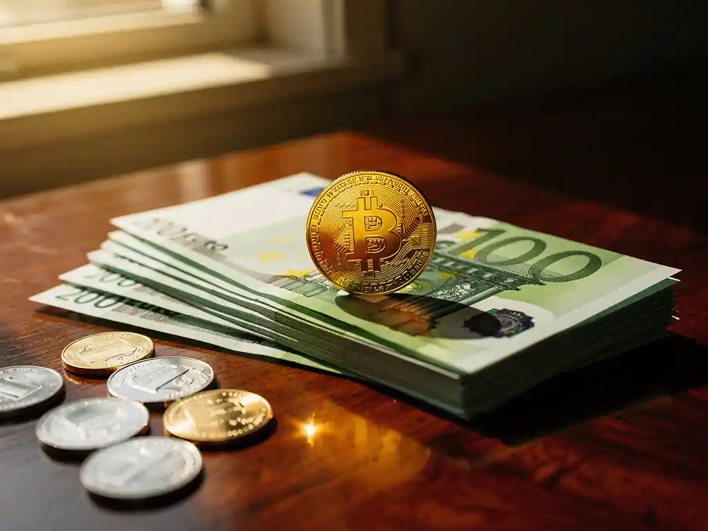 Gouden munt op stapel Nederlandse eurobiljetten met zilveren munten op mahonie bureau in warm zonlicht