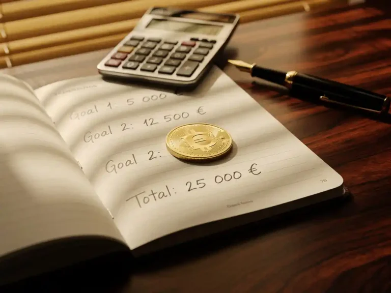 Gouden munt op financieel planningsboekje met euro bedragen, calculator en vulpen op mahoniehout bureau