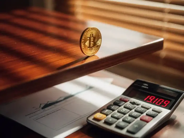 Gouden munt balanceert op tafelrand boven financiële documenten met rode cijfers en rekenmachine