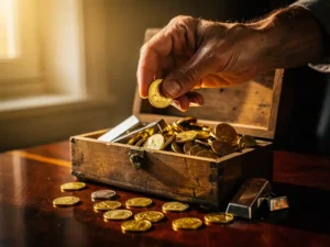 Verweerde hand houdt gouden munt boven houten kist vol edelmetalen munten en staafjes op mahonie bureau
