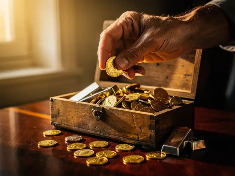 Verweerde hand houdt gouden munt boven houten kist vol edelmetalen munten en staafjes op mahonie bureau
