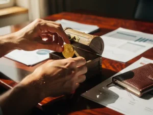 Handen plaatsen gouden munt in houten schatkist op mahoniehout bureau met financiële documenten en leren notitieboek