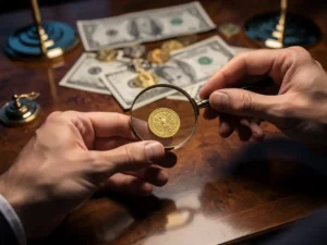 Handen onderzoeken gouden munt met vergrootglas op houten bureau, namaakgeld op achtergrond