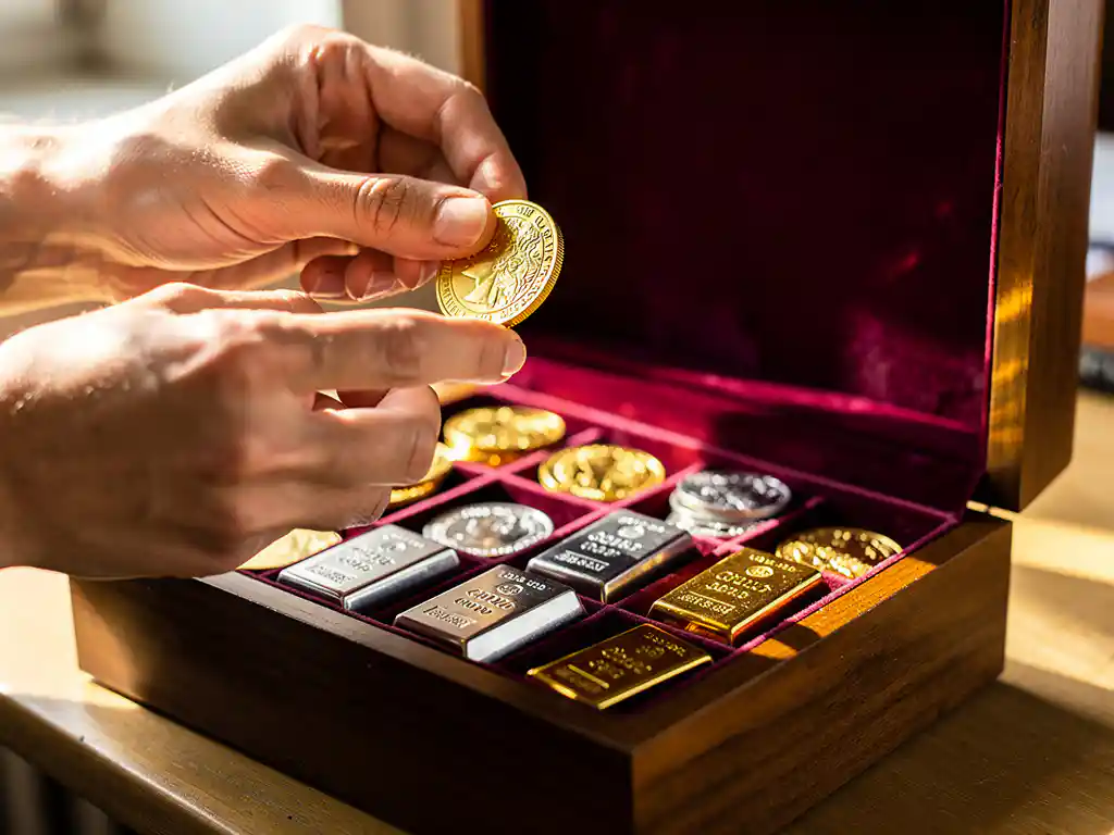 Handen houden gouden munt boven open houten sieradendoos met edelmetalen munten en staafjes in fluwelen voering