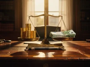 Koperen weegschaal met gouden munten en eurobiljetten op mahoniehouden bureau in kantoor met warm zonlicht