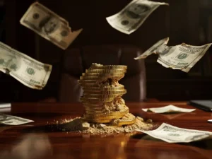 Gouden munten die eroderen als zandduinen terwijl papiergeld wegwaait van een mahonieholten bureau in elegant kantoor