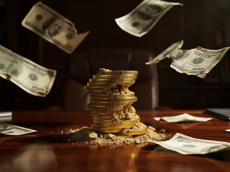 Gouden munten die eroderen als zandduinen terwijl papiergeld wegwaait van een mahonieholten bureau in elegant kantoor