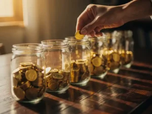 Handen plaatsen gouden munt in glazen pot tussen meerdere potten met munten op houten tafel in warm zonlicht