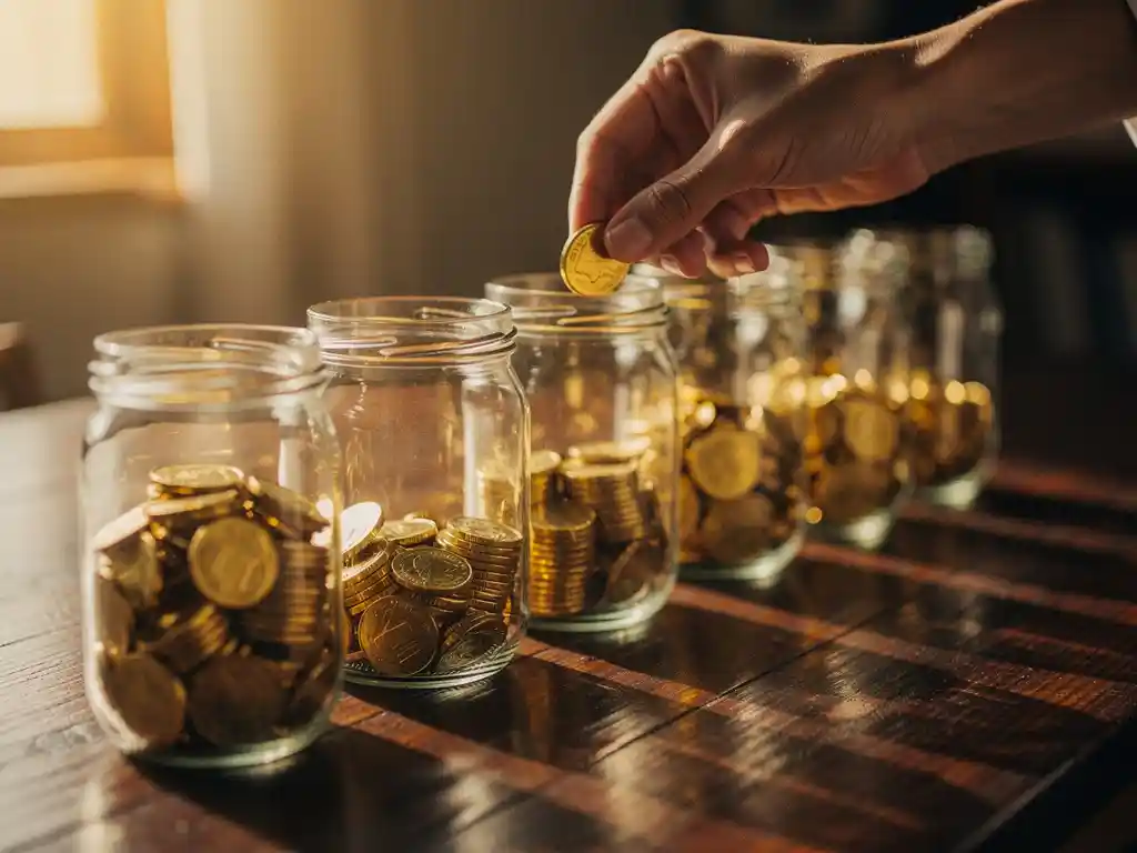 Handen plaatsen gouden munt in glazen pot tussen meerdere potten met munten op houten tafel in warm zonlicht