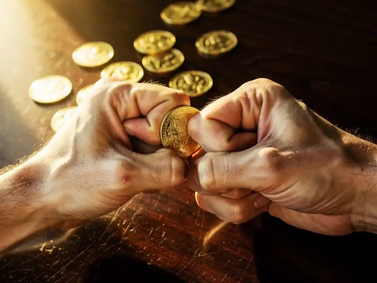 Handen grijpen strak een gouden munt vast terwijl andere munten verspreid liggen op donker houten bureau