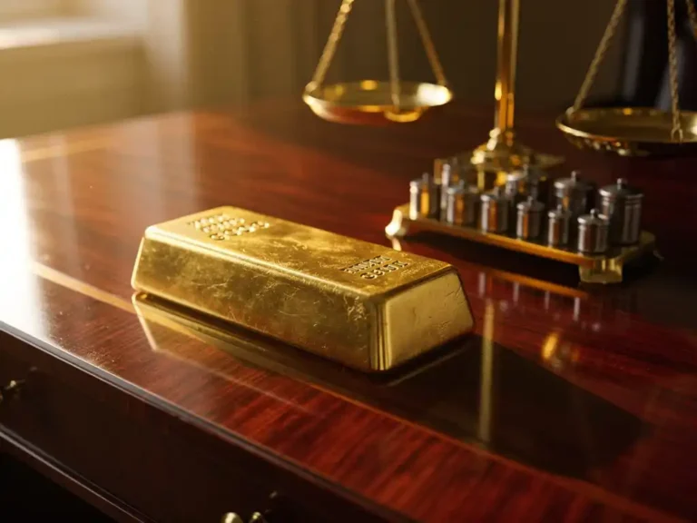 Gouden staaf op houten bureau naast vintage messing weegschaal in warm gouden uurtje licht