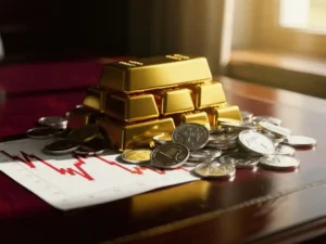 Gouden staven en zilveren munten op mahoniehout bureau met dalende financiële grafiek eronder, warme verlichting