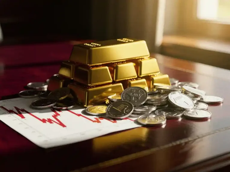Gouden staven en zilveren munten op mahoniehout bureau met dalende financiële grafiek eronder, warme verlichting