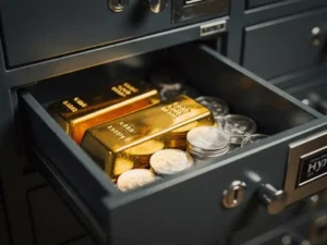Gouden staven en zilveren munten in open kluisje met warme metalen reflecties tegen donkere kluisachtergrond