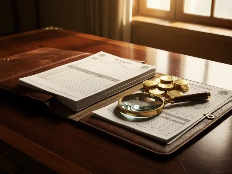 Geopende leren portfolio op mahonie bureau met gouden munten, pensioendocumenten en vergrootglas in warm zonlicht