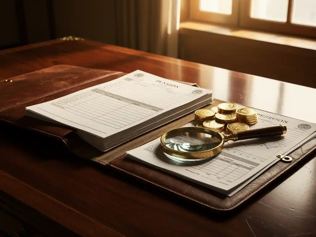 Geopende leren portfolio op mahonie bureau met gouden munten, pensioendocumenten en vergrootglas in warm zonlicht