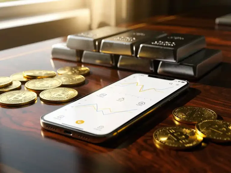 Smartphone met beleggingsapp op mahonie bureau naast gouden munten en zilveren staven in warm zonlicht