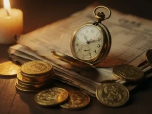 Vintage messing zakhorloge op verouderde financiële documenten met gouden munten, warme kaarslicht belichting