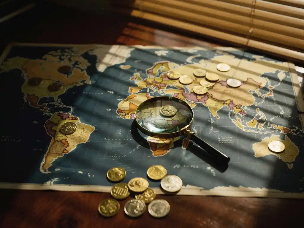 Wereldkaart op mahonie bureau met gouden munten uit verschillende landen verspreid over continenten, vergrootglas op Europa