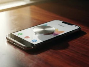 Zilveren munt op smartphone met bankapp-interface op mahoniehouten bureau met natuurlijk licht
